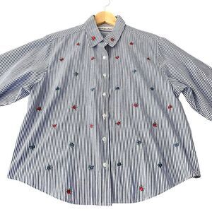 Vintage Yves St. Clair Stripe Button Down Floral Embroidered Crop Blouse